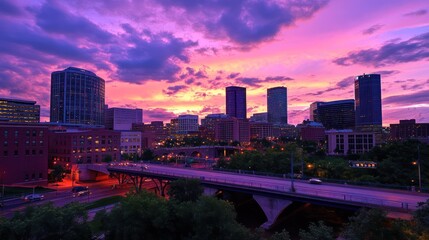 Fototapeta premium Vibrant sunset over city skyline with bridges and clouds