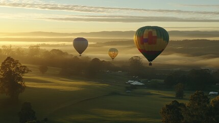 Obraz premium Hot air balloons soar over misty valley at sunrise