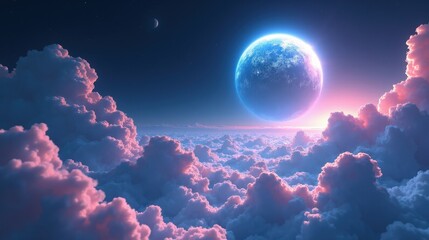 A gas-covered planet with levitating landmasses, glowing waterfalls defying gravity, and an endless sea of iridescent clouds below in a magical, surreal atmosphere.