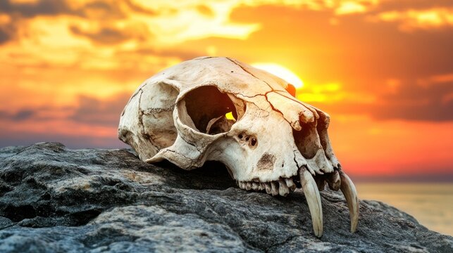 Sunset Serenity: A Saber-Toothed Cat Skull at Golden Hour