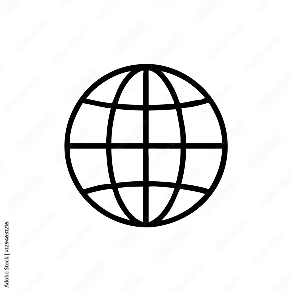Poster a simple black line icon of the globe with a grid representing continents and oceans