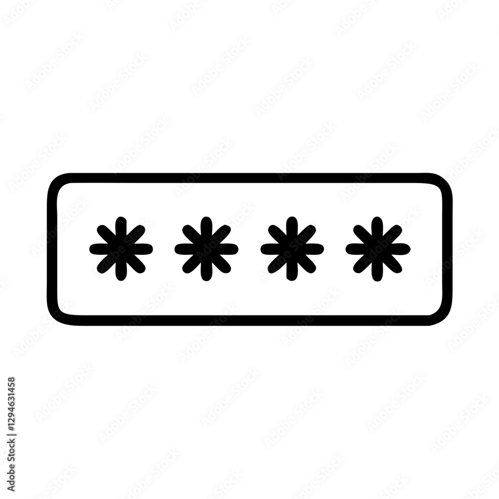 Poster password icon with four asterisk symbols in a black outlined rectangle.