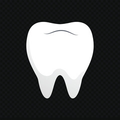 Stylized white tooth on dark checkered background. Simple, clean design. Cartoonish style with subtle shading.