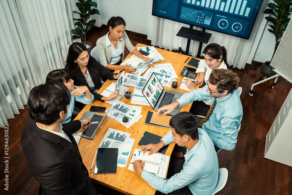Poster diverse group of business analyst team analyzing financial data report. finance data analysis chart 