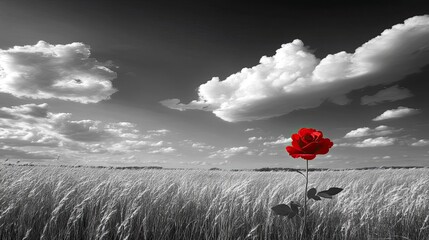 Single red rose in a monochrome wheat field under a dramatic sky