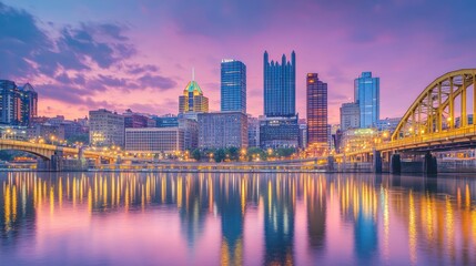 Fototapeta premium Vibrant Pittsburgh Skyline at Dusk with Reflections