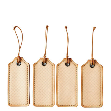Tag Trio: A quartet of elegant, vintage-inspired blank tags, crafted from a subtle textured material, dangle invitingly, ready for personalized messages or price displays.