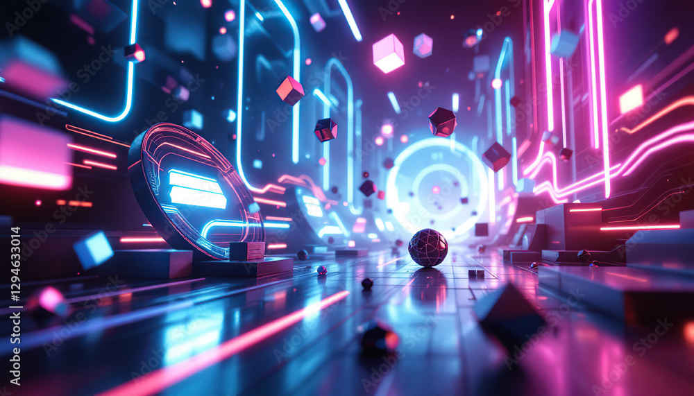 Poster neon cyberpunk corridor with floating cubes and sphere