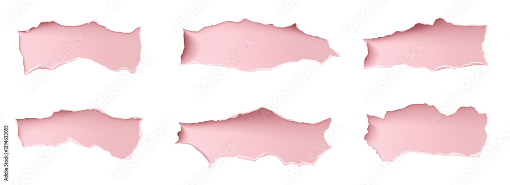 Poster torn paper elements: set of six delicate pieces of torn pink paper, exuding a soft, understated aest