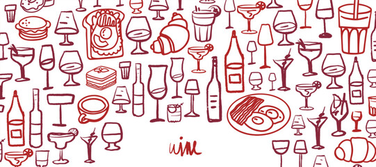 Isolated vector set of wine and alcoholic beverage glasses and tumblers. Hand drawn sketch.Red and black drawing on white background.Cocktails, martini, whiskey, cognac, vodka, gin tonic, beer, brandy
