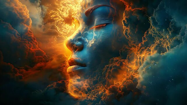 Video of surreal depiction of a serene face merged with vibrant clouds, glowing orange and blue. Concept of creativity, imagination and emotional intelligence