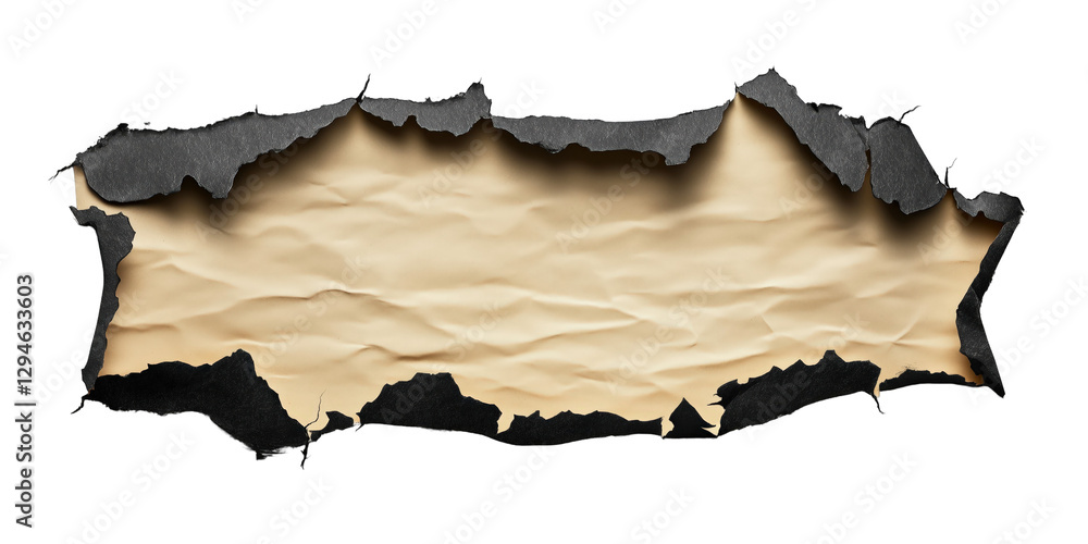 Poster torn paper frame: a close-up shot of a torn piece of brown paper with a black background, revealing 