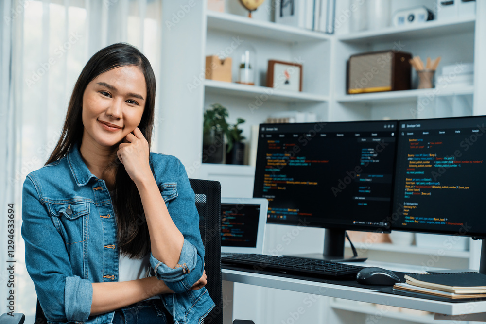 Poster young asian in it developer looking at camera to present with online information on pc with coding p