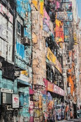Fototapeta premium Grunge buildings painted a colorful cityscape scene.