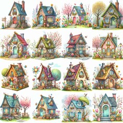 Watercolor Spring House. AI generated illustration