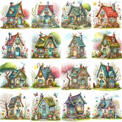 Obraz premium Watercolor Spring House. AI generated illustration