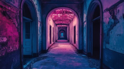 Obraz premium Neon-lit hallway in abandoned building.