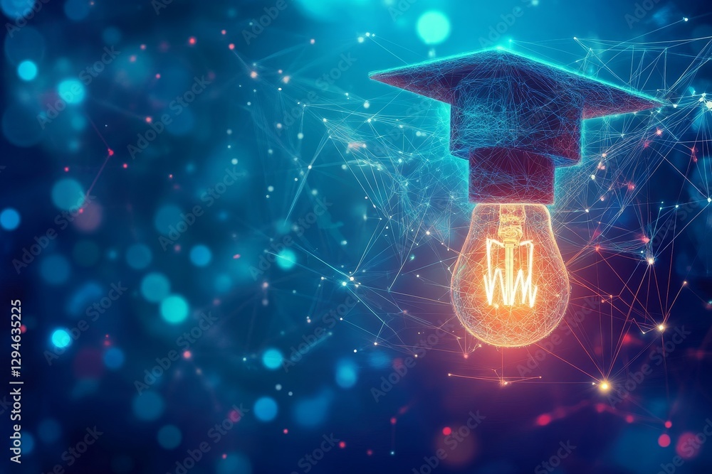 Poster graduation idea with an illuminated lightbulb symbolizing knowledge.