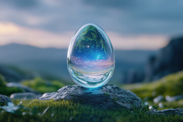crystal egg with space inside on the background of a mountain landscape