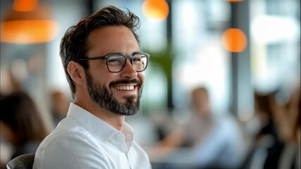 A happy Caucasian adult male wearing glasses smiles broadly in a modern office setting. This cheerful image celebrates National Fun Day with its joyful expression and bright atmosphere.