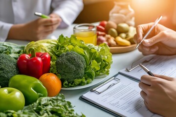 Image depicts dietitian consultation session with fresh vegetables and healthy food options. Concept focuses on dietitian consultation session for nutritional guidance and meal planning.