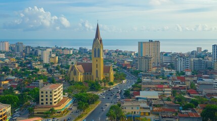 Obraz premium Stunning View of Abidjan's Business District in Ivory Coast with the Atlantic Ocean and Sky Overhead