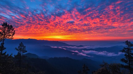 Fiery Sunset over Mountain Ranges