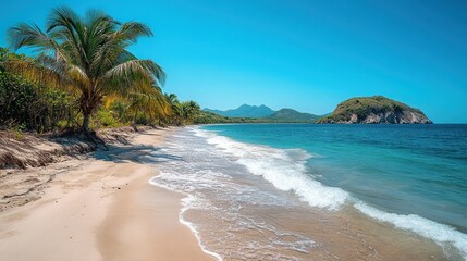 Fototapeta premium Serene Tropical Beach Paradise: Palm Trees, Azure Waters, and Mountains