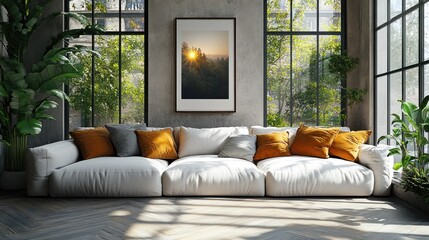 Serene Living Room with Mountain Sunset Artwork