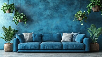 Serene Teal Living Room with Lush Greenery