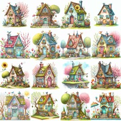 Obraz premium Watercolor Spring House. AI generated illustration