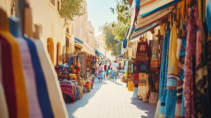 Naklejka premium Sunny market street, colorful textiles, people walking