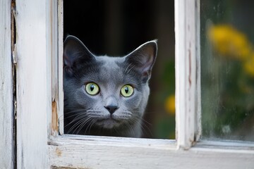 Springtime Window Safety for Cats: Gray Cat Enjoying a Flower-Filled View in a Secure Enclosure