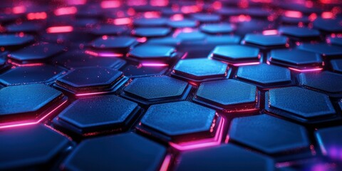 Fototapeta premium Vibrant hexagonal pattern illuminated by neon lights in a futuristic digital environment