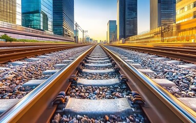 Obraz premium Urban Railway Tracks Leading to Modern Skyscrapers