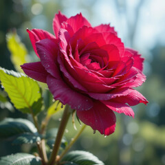 vibrant red rose blooms, radiating joy with velvety petals unfurling in sunlight, capturing essence of natural beauty