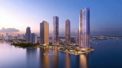 Obraz premium A beautifully lit skyline at twilight, with high-rise residential towers reflecting in a nearby body of water.