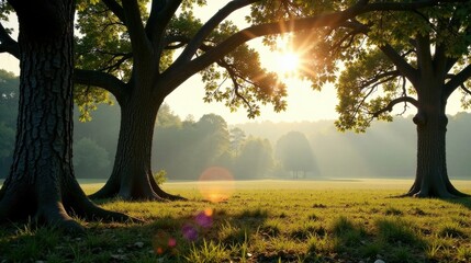 Serene Sunrise Illuminating a Verdant Meadow Framed by Majestic Trees