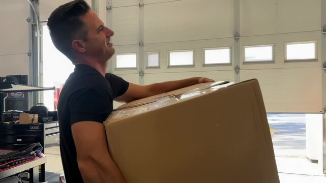 Worker struggling carrying heavy cardboard box in garage