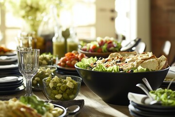 Colorful spread of fresh vegetables, salads, and healthy dishes showcasing a healthy diet plan. Concept emphasizes importance of maintaining a healthy diet plan for overall well-being.