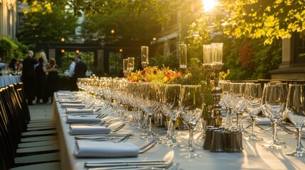An outdoor silver anniversary party with a beautifully decorated garden setting, a long table set with silver cutlery and sparkling glasses, and guests mingling in the golden hour ligh