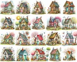 Naklejka premium Watercolor Spring House. AI generated illustration