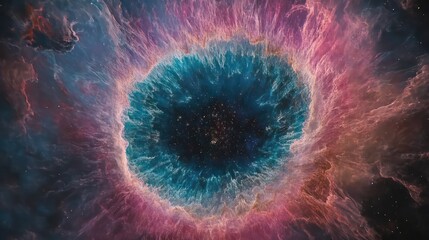 A dazzling cosmic vortex, radiating with pink, blue, and purple nebulae that twist and twirl in the endless expanse of outer space
