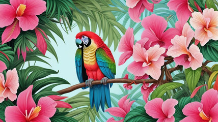 Fototapeta premium Colorful cartoon of a macaw perched on a branch. Pink flowers and leaves surround the bird against a light blue background.