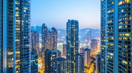 Obraz premium A city skyline at twilight, featuring stylish residential high-rises with twinkling lights and a deep blue sky.