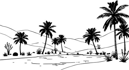 Outline desert oasis with palm trees simple vector landscape illustration.
