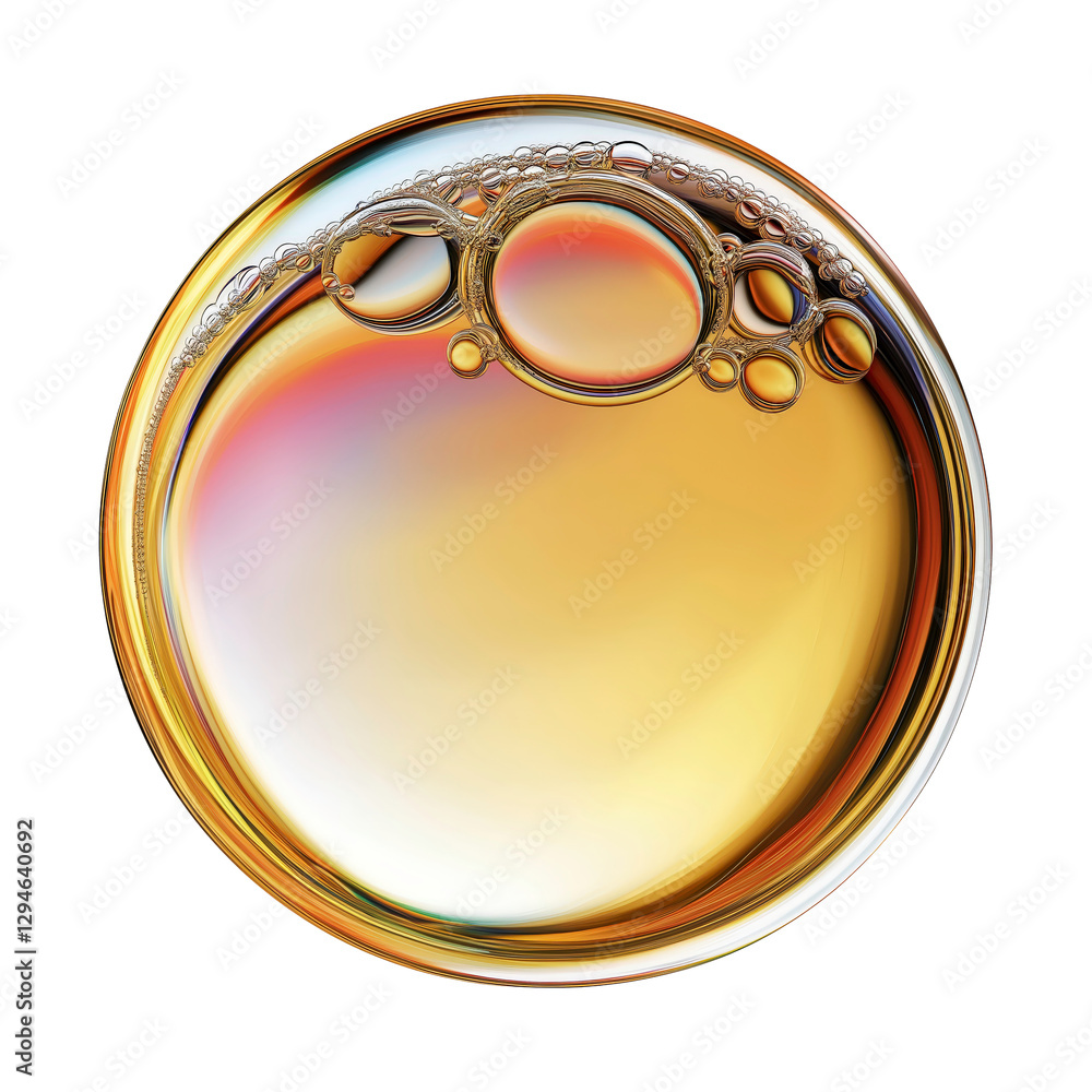 Poster golden liquid sphere: the photo captures an abstract view of golden liquid, with bubbles floating on