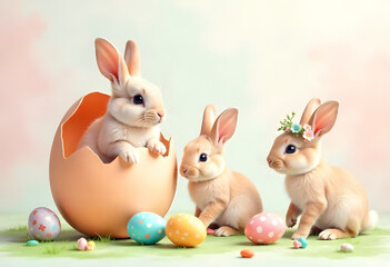 Fototapeta premium A pastel Easter scene where bunny is sitting in a big Easter egg, another is happily leaping mid-air, and a third watches them with a friendly expression. Around them, baby rabbits roll