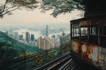 Naklejka premium Scenic Tram Ride at Victoria Peak, Capturing the Stunning Hong Kong Skyline