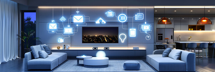 Modern living room with smart home technology icons. Home automation, connected devices, internet of things, smart living, interior.
